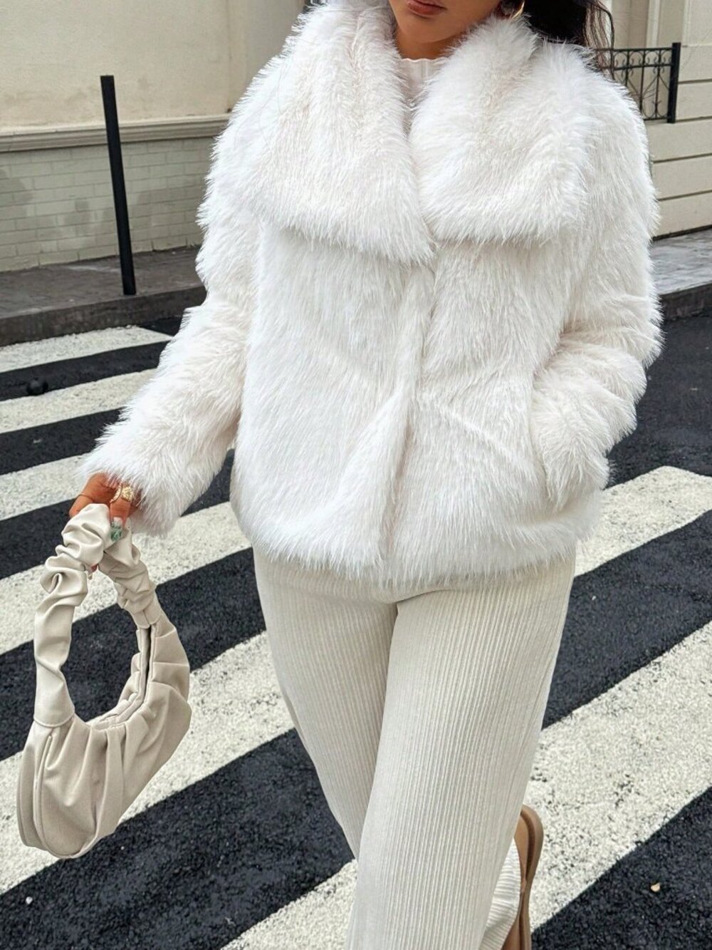 Pure White Casual Women's Loose Fuzzy Zip Pocket Mid-Length Fur Coat - Picture 6 of 8